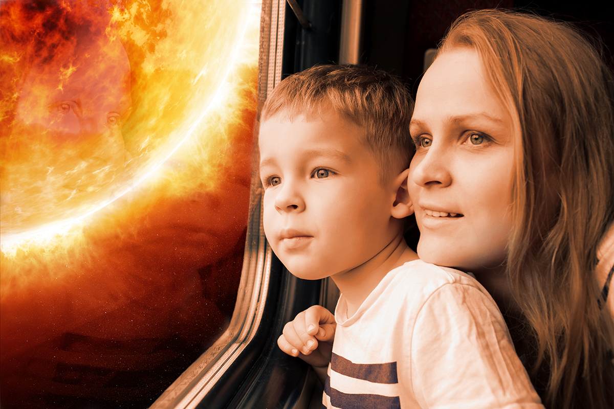 Mother and son looking through a train window